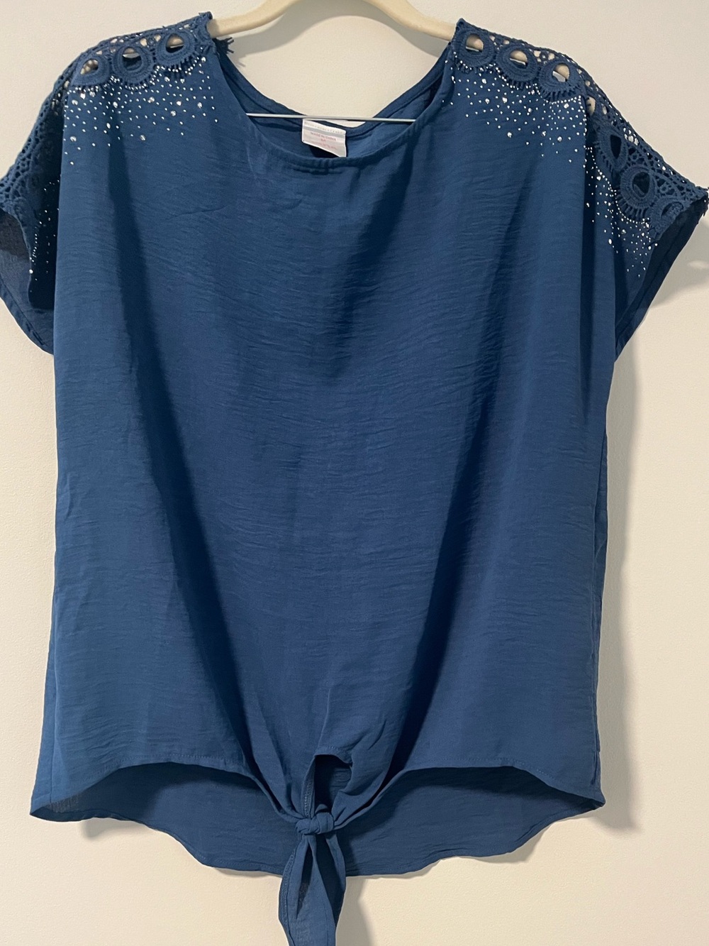 Luna Two Piece Set With Tie-Front Top With Embellished Sleeves And Pants NWOT